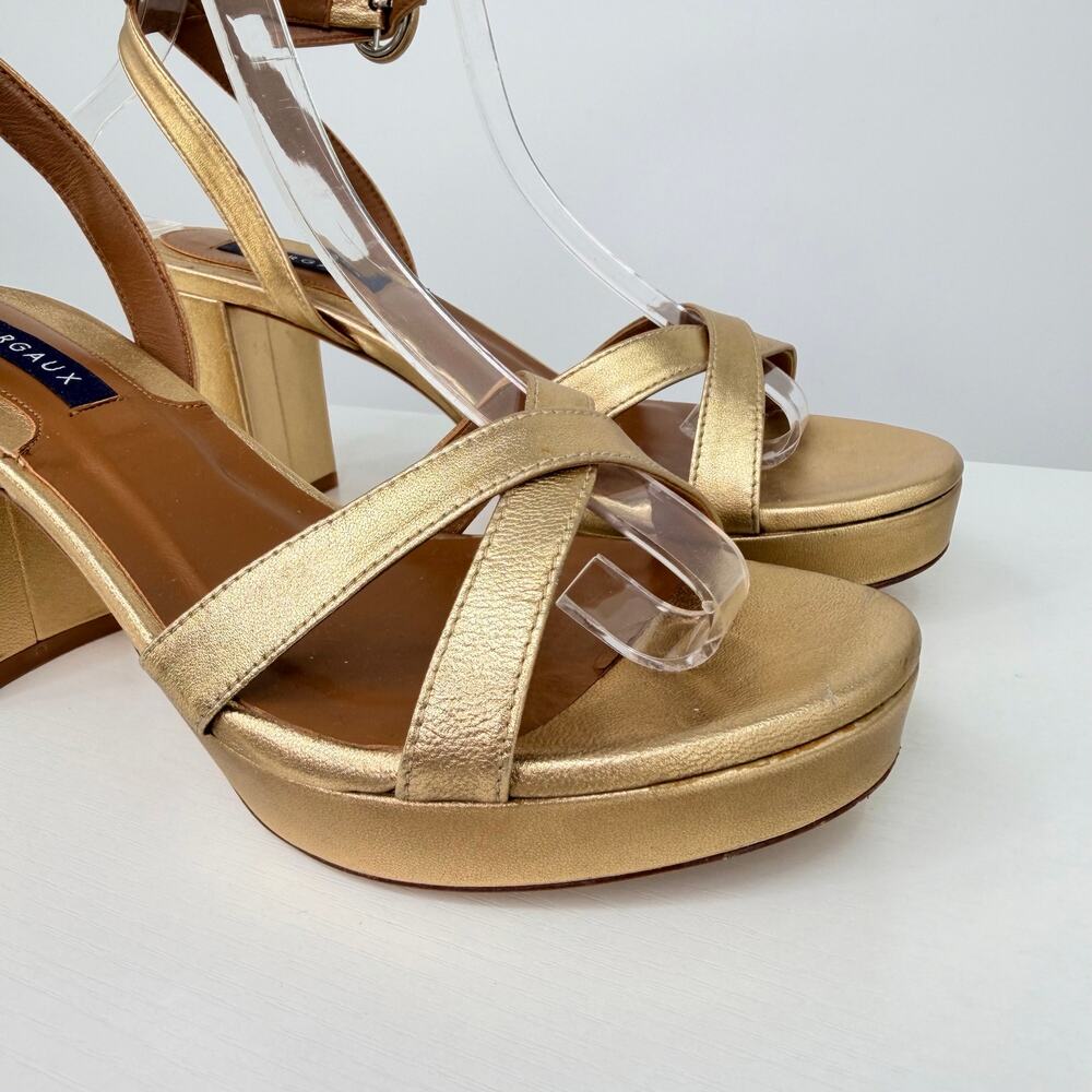 Margaux Gold Nappa Leather Platform Sandals Size 37.5 Block Heel Ankle Strap - Picture 9 of 16